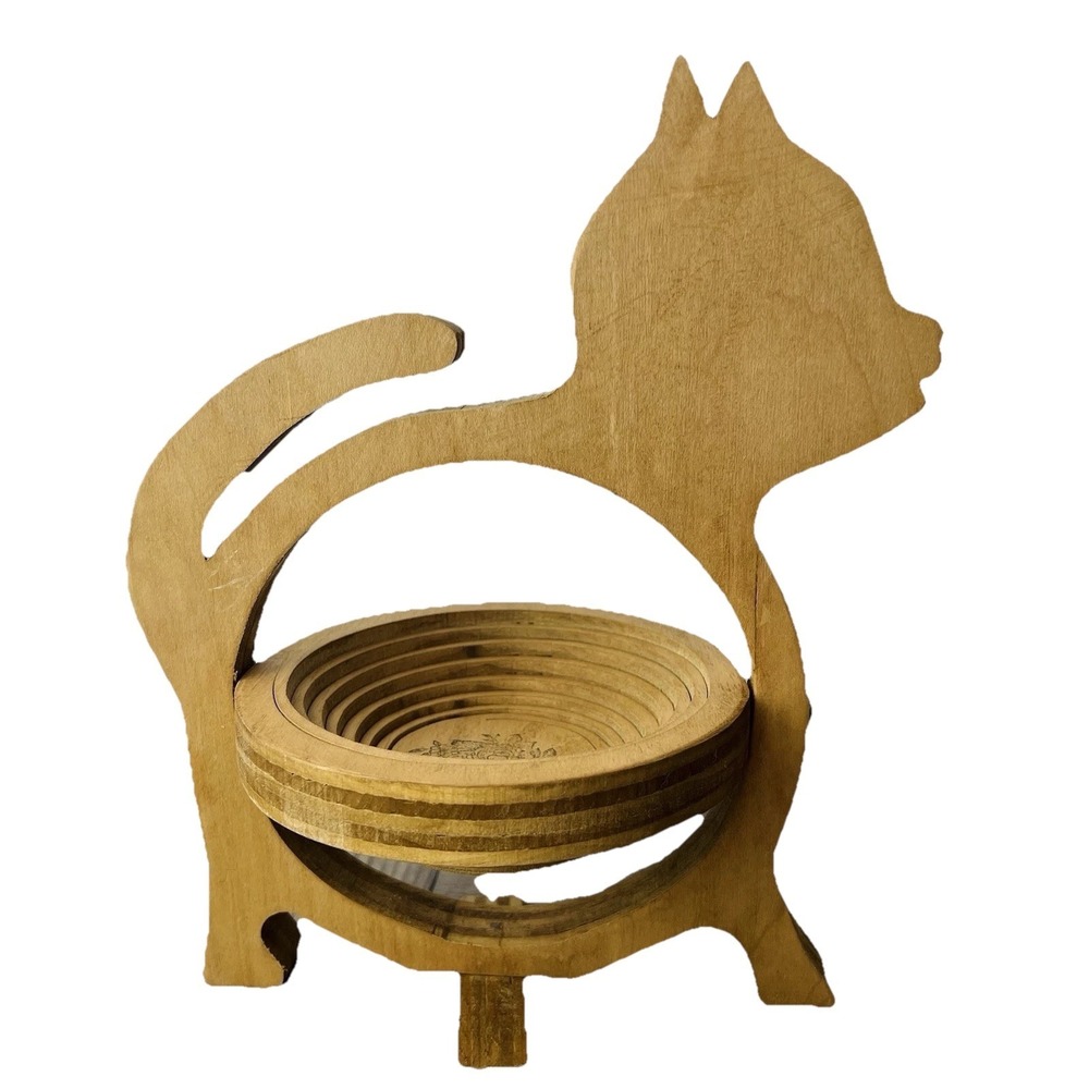 Cat Shaped Folding Collapsible Wooden Basket Catch All Bowl Decor 9" Tall - Picture 4 of 8